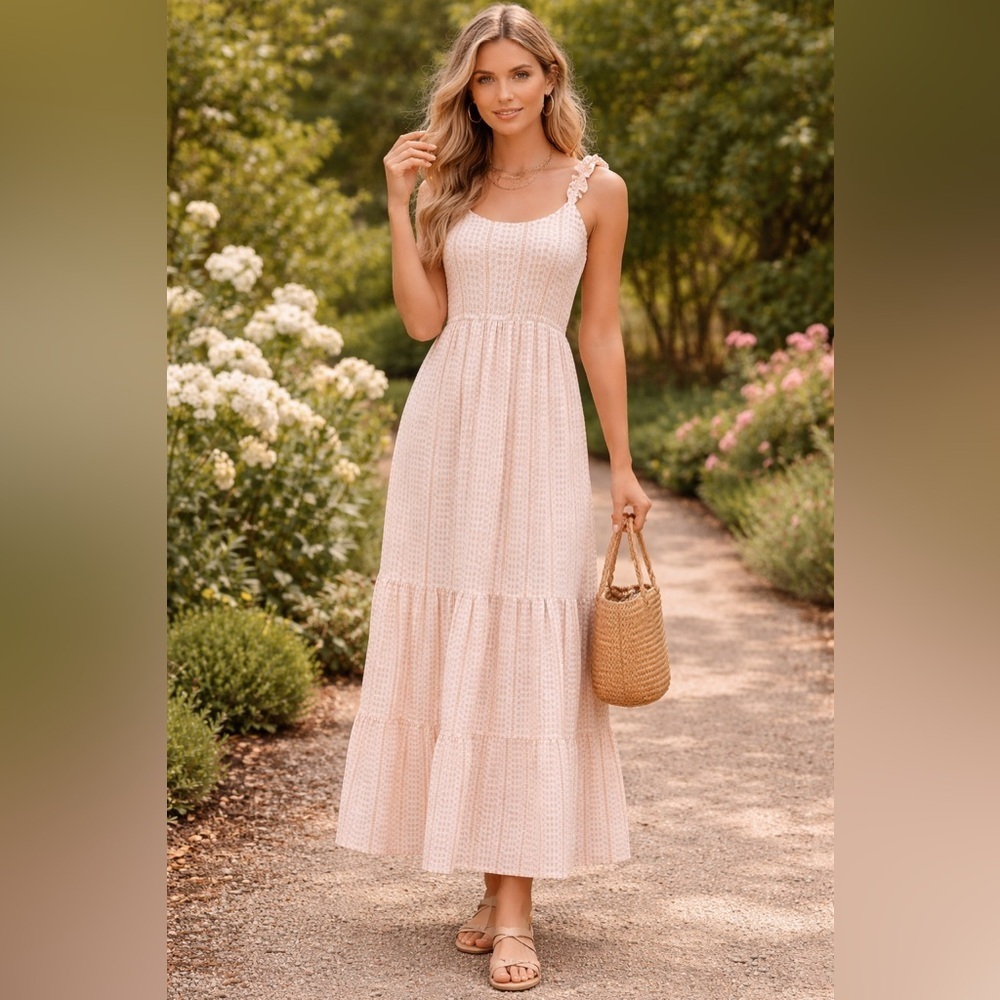 Jessica Simpson Ruffle Strap Tiered Embroidered Maxi Dress Peach/White SZ XS